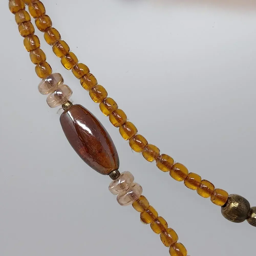 Glass Bead Necklace Honey Root Beer Color Donut Teardrop Pendant Boho 36